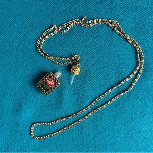 Mini Perfume Bottle on Chain with Intricate Cross Stitch Vtg
